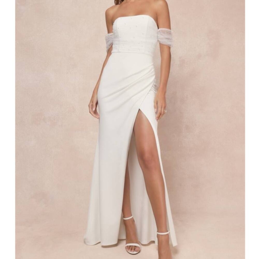 NEW Lulus Profound Glamour Ivory White Pearl Off-the-Shoulder Tulip Maxi Dress